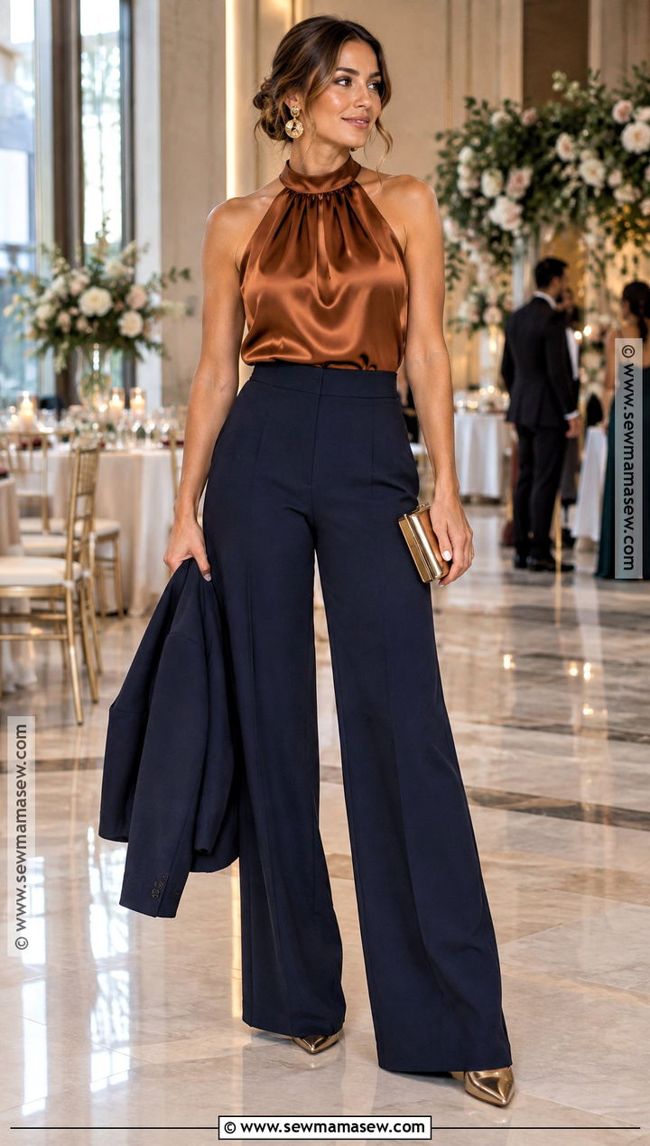 Navy Wide Leg Trousers And Satin Top Outfit - 15 Fall Wedding Outfits For Women Guest