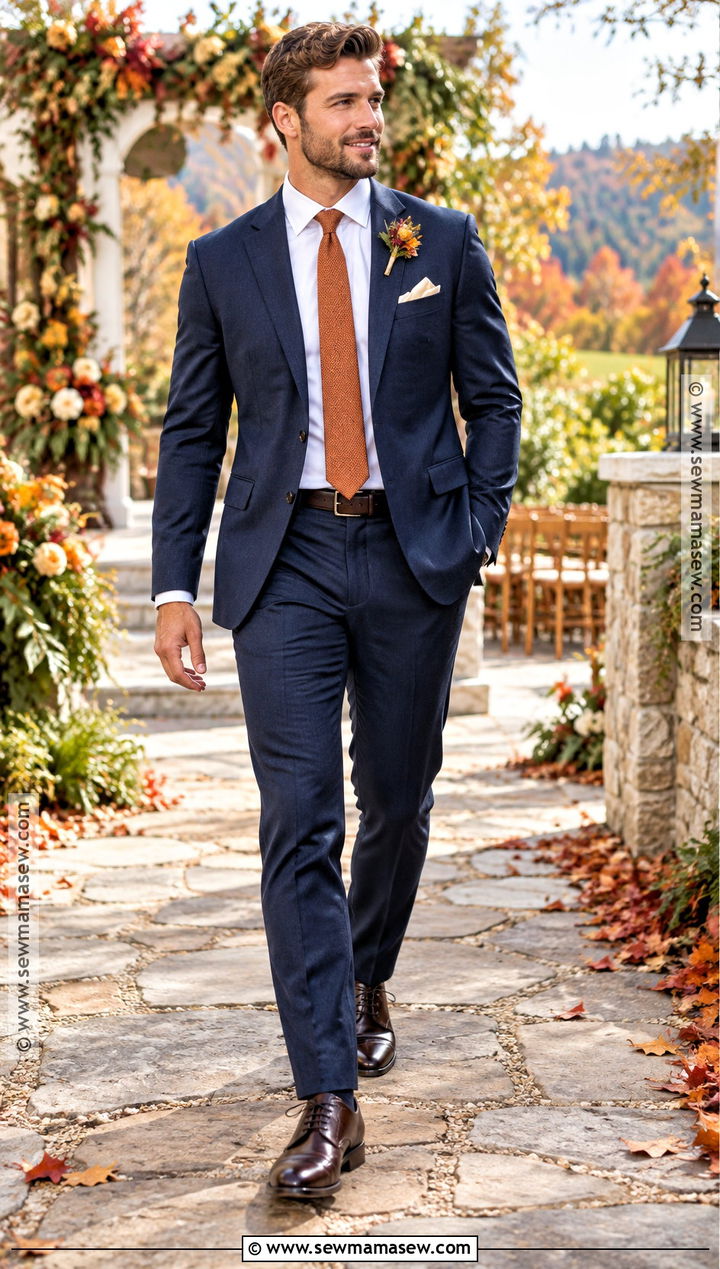 Navy Wool Fall Groom Suit With Burnt Orange Tie - 15 fall groom outfit ideas