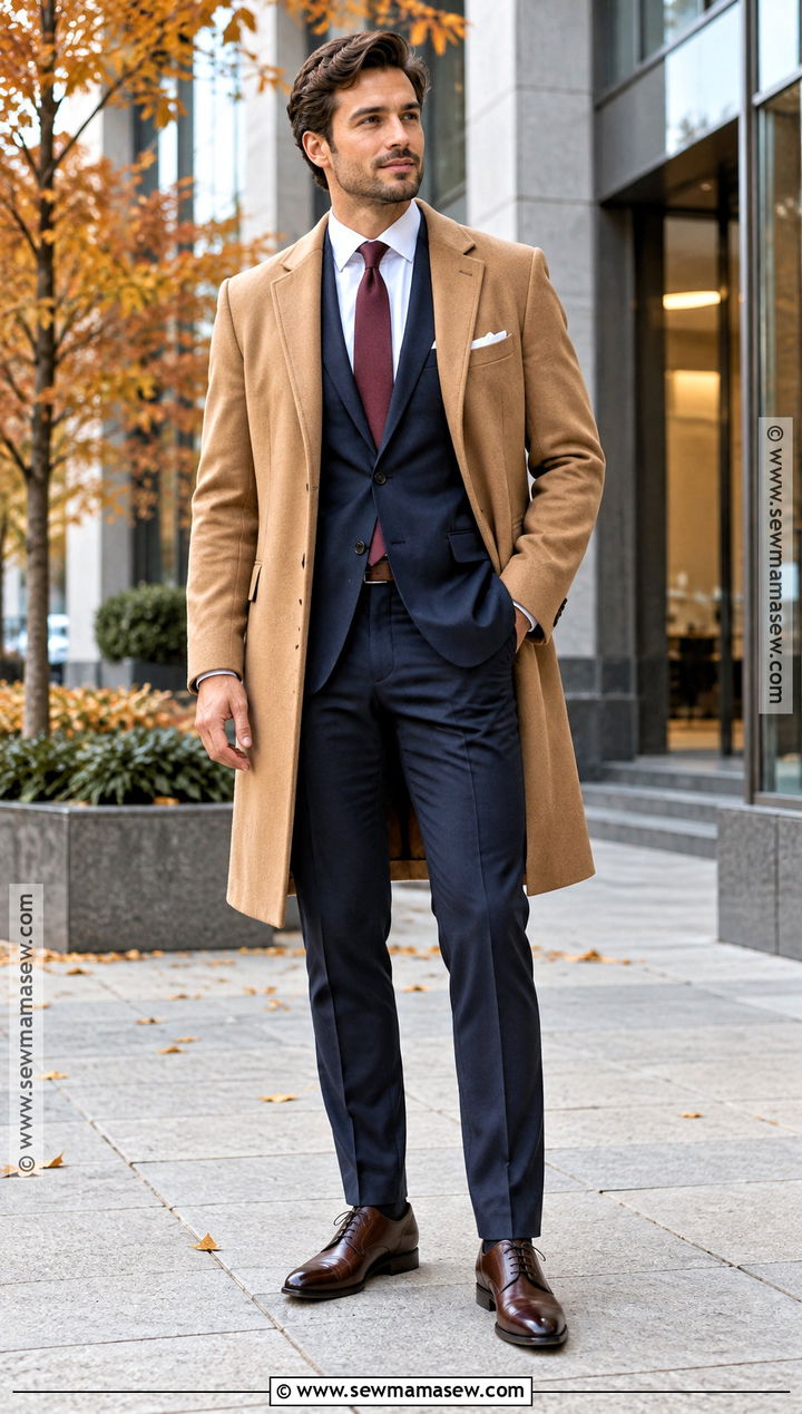 Navy Wool Fall Suit With Camel Overcoat - 15 Formal Mens Fall Fashion Ideas