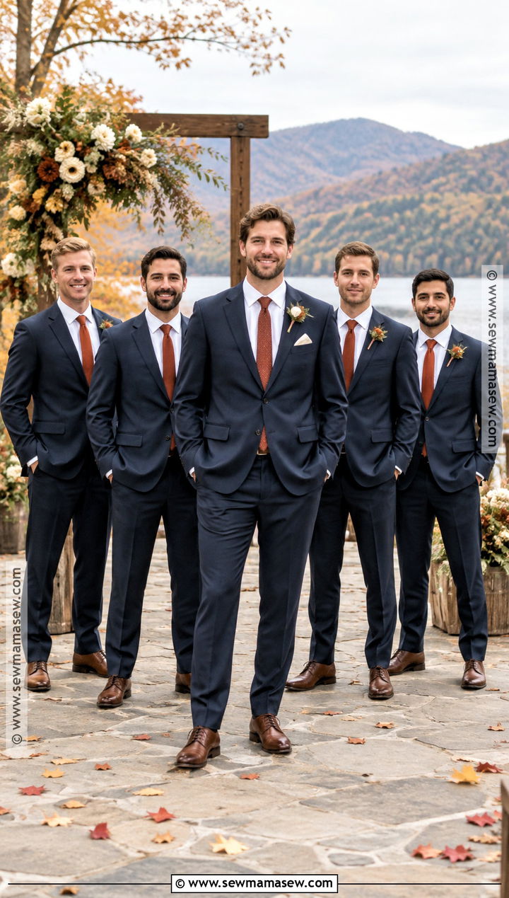 Navy Wool Fall Wedding Suit With Rust Ties - 15 fall mens wedding attire groom & groomsmen suits ideas