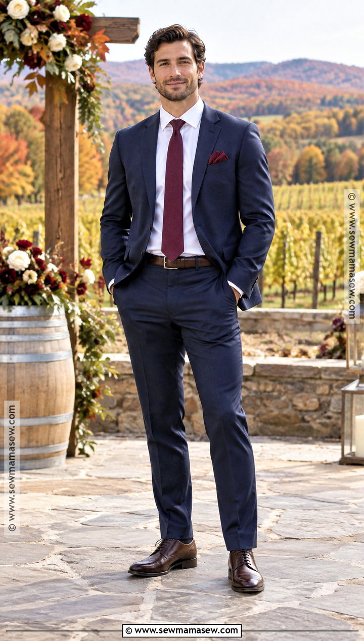 Navy Wool Groomsmen Suit With Burgundy Tie - 15 fall wedding party attire groomsmen ideas