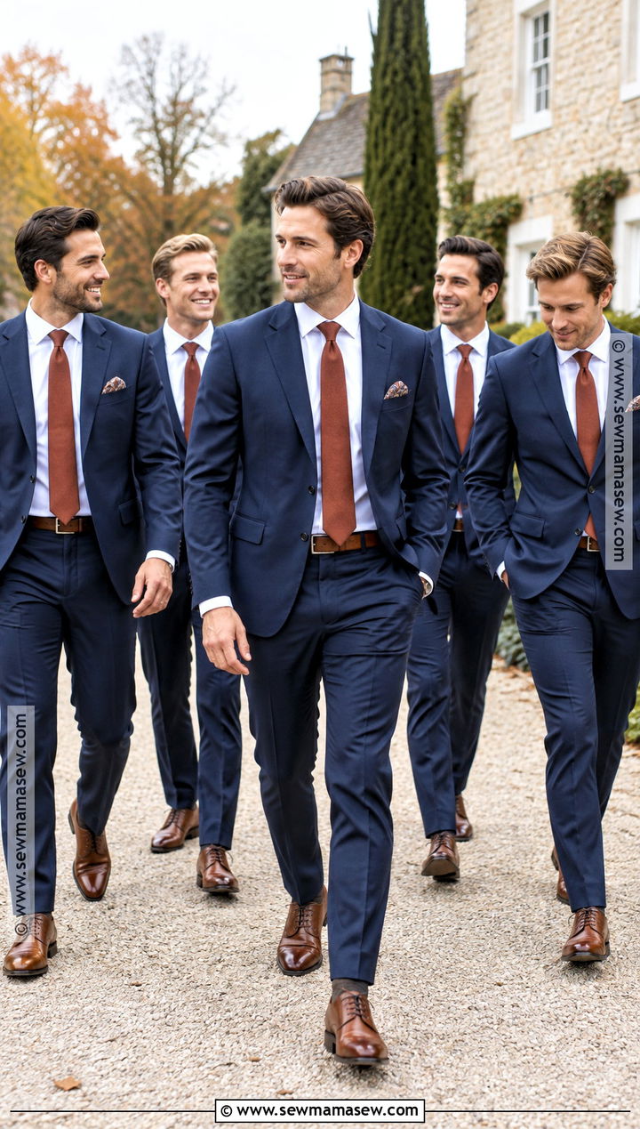Navy Wool Groomsmen Suit With Rust Tie - 15 groomsmen attire for fall wedding ideas
