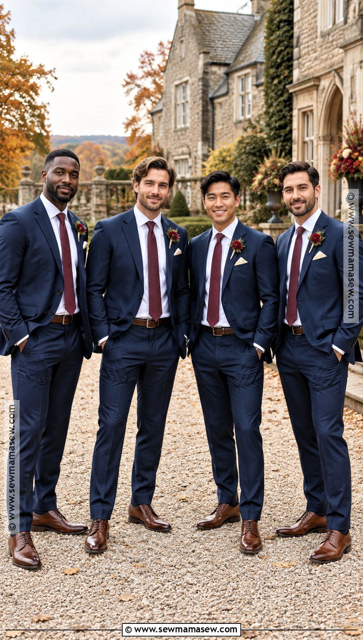 Navy Wool Groomsmen Suits With Burgundy Ties - 15 groomsmen attire autumn wedding ideas
