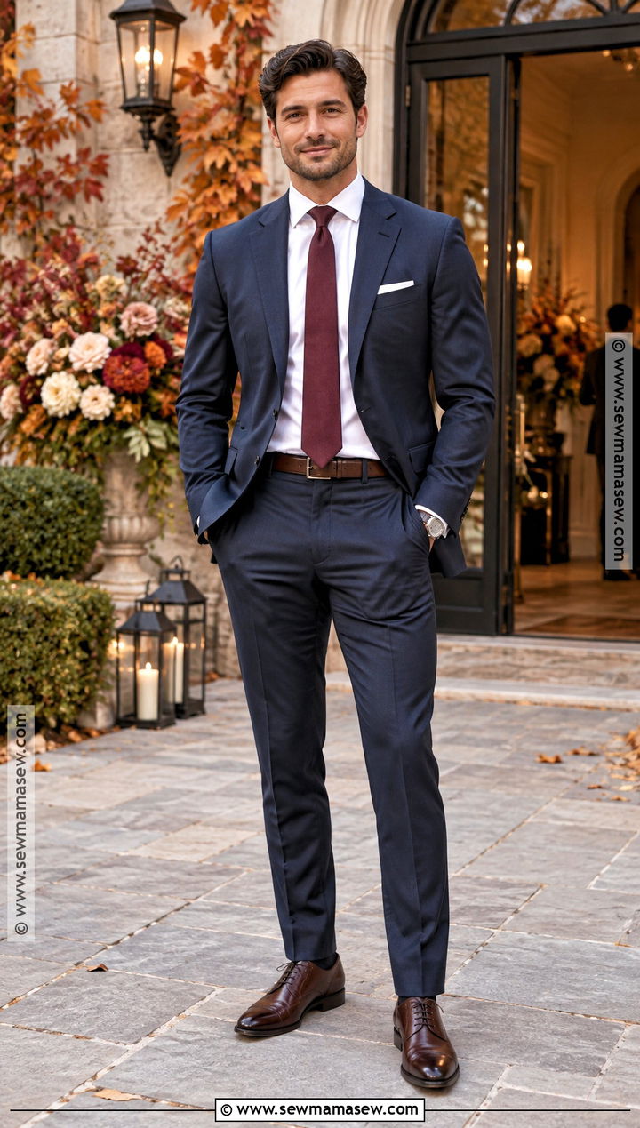 Navy Wool Suit Fall Wedding Guest Outfit - 15 fall wedding attire for men guest ideas