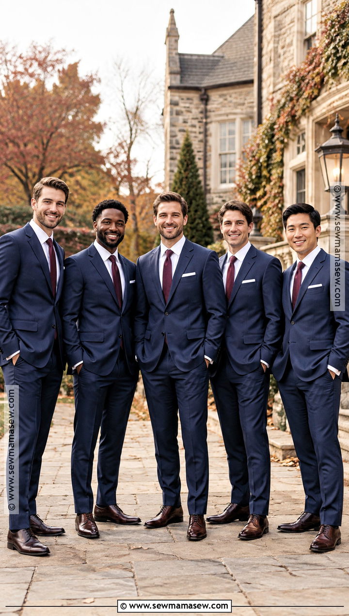 Navy Wool Suit With Burgundy Tie - 15 november groomsmen attire ideas