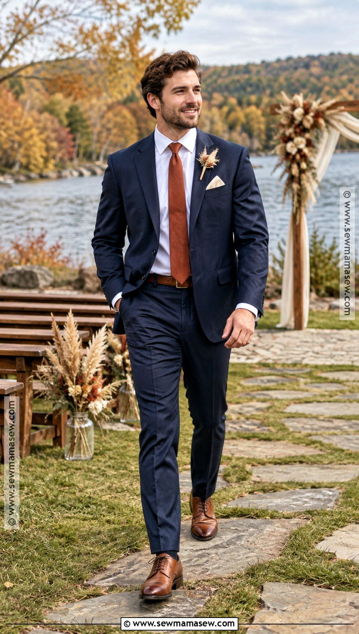 Navy Wool Suit With Rust Tie - 15 fall outdoor wedding groom attire ideas