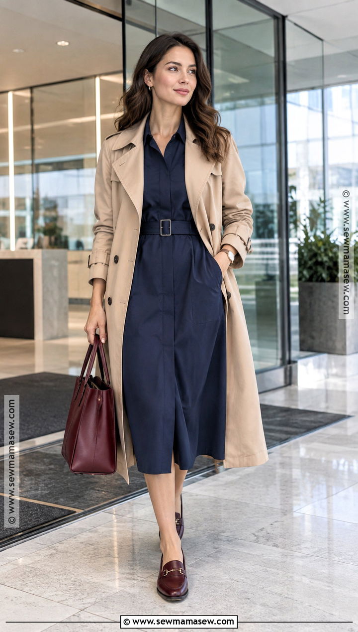 Navy Work Dress With Loafers And Trench Coat - 20 cute fall dresses