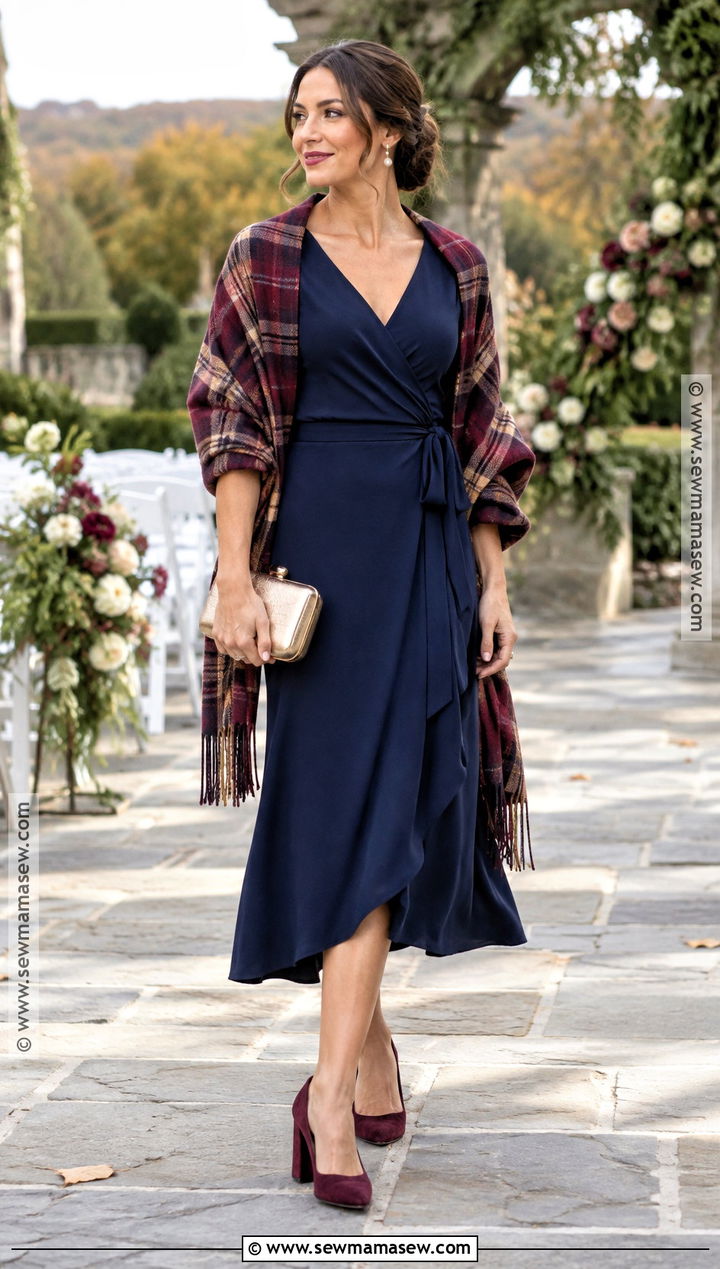 Navy Wrap Dress With Shawl - 20 fall casual wedding guest attire ideas