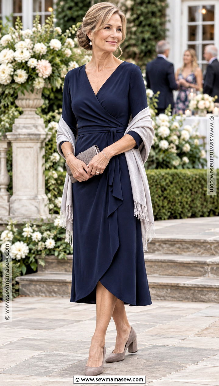 Navy Wrap Midi Fall Mother Of The Bride Dress - 15 fall mother of the bride dresses casual