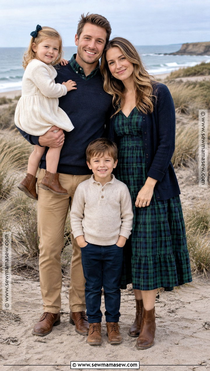 Navy and Green Plaid Fall Beach Family Outfit - 15 fall beach photoshoot family outfits