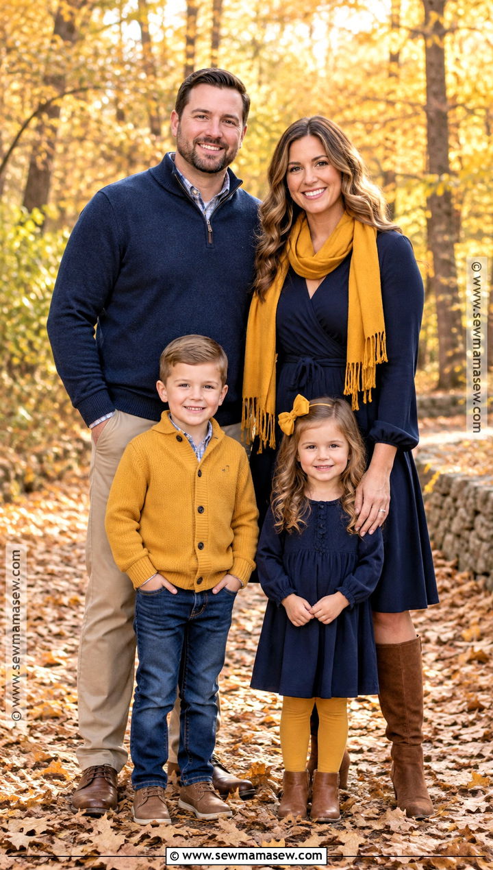 Navy and Mustard Fall Family Picture Outfits - 20 family of 4 fall picture outfits