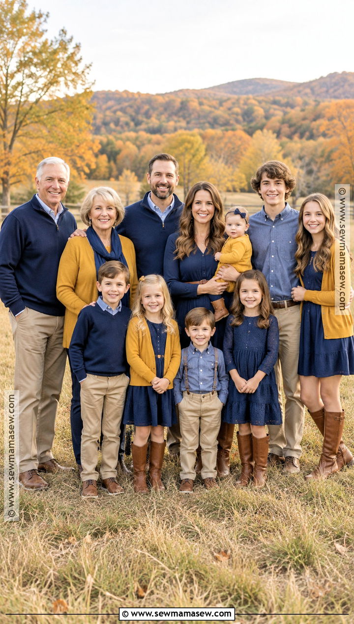 Navy and Mustard Large Family Fall Picture Outfits - 15 large family picture outfits for fall