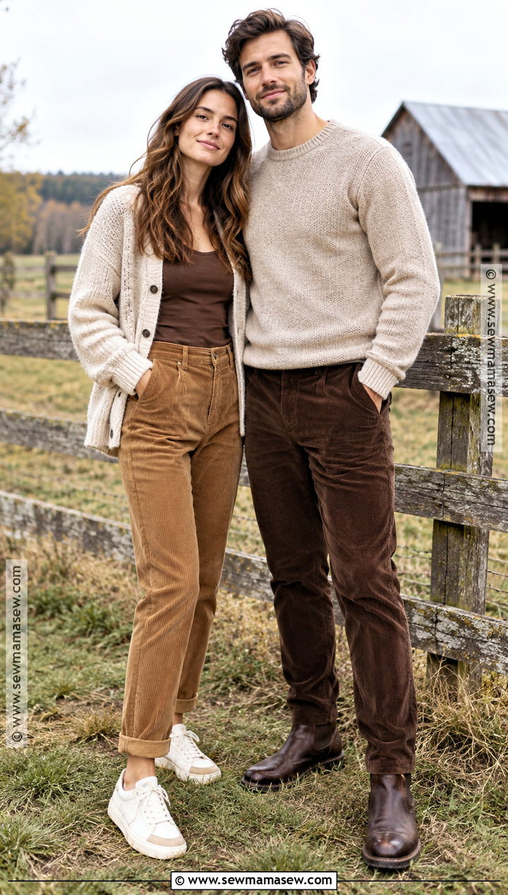 Neutral Cardigan And Corduroy Pants Couple Outfit - 25 pumpkin patch outfit ideas for couples