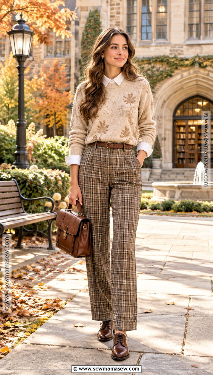 Neutral Fall Leaves Sweater With Plaid Trousers And Oxford Shoes - 15 fall leaves sweater ideas