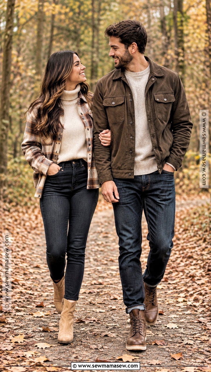 Neutral Flannel And Dark Denim Fall Couples Photoshoot Outfit - 20 Fall Couples Photoshoot Outfits Neutral