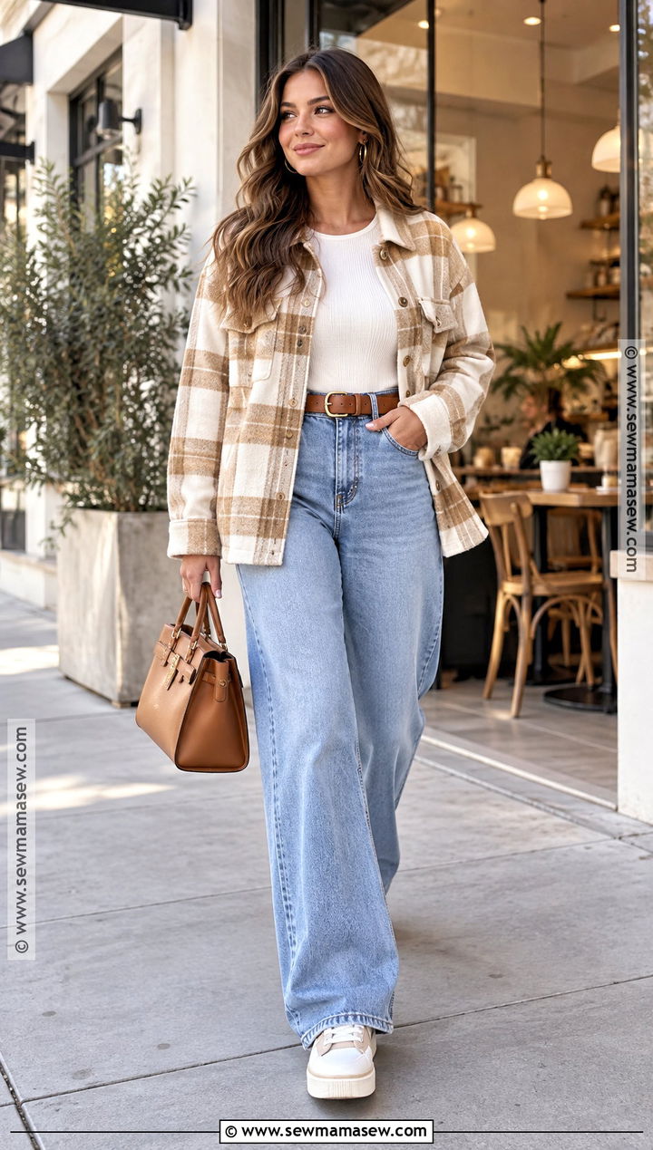 Neutral Flannel Shacket With Wide Leg Jeans - 15 fall fits flannel
