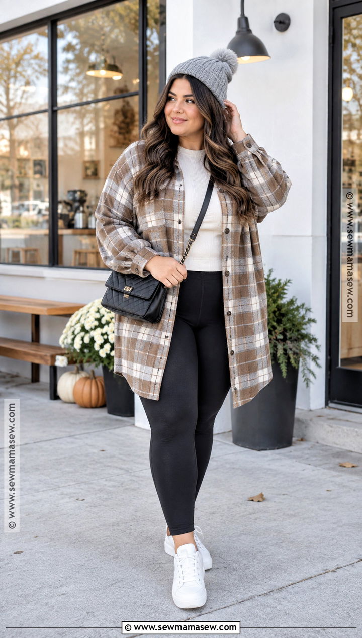 Neutral Flannel Shirt With Leggings And Sneakers - 15 Fall Fashion Flannel Ideas