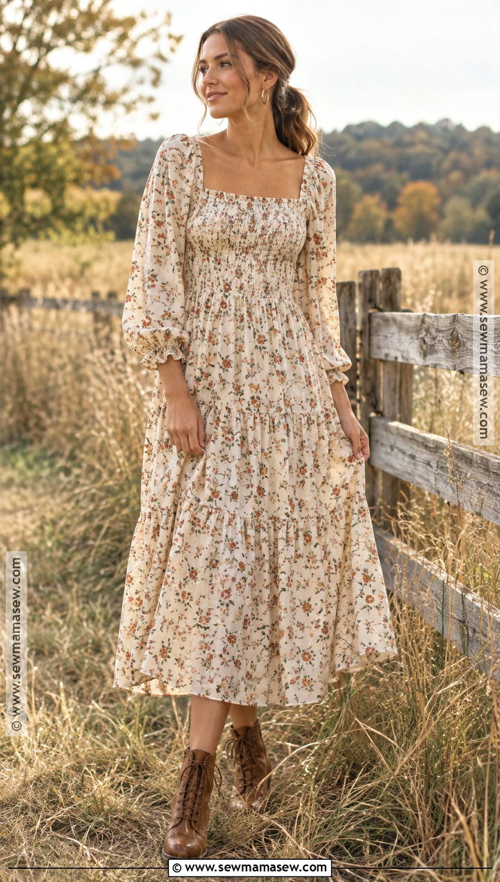 Neutral Floral Prairie Dress And Lace Up Boots For Fall Family Photos - 20 Fall Dress For Family Photos Ideas