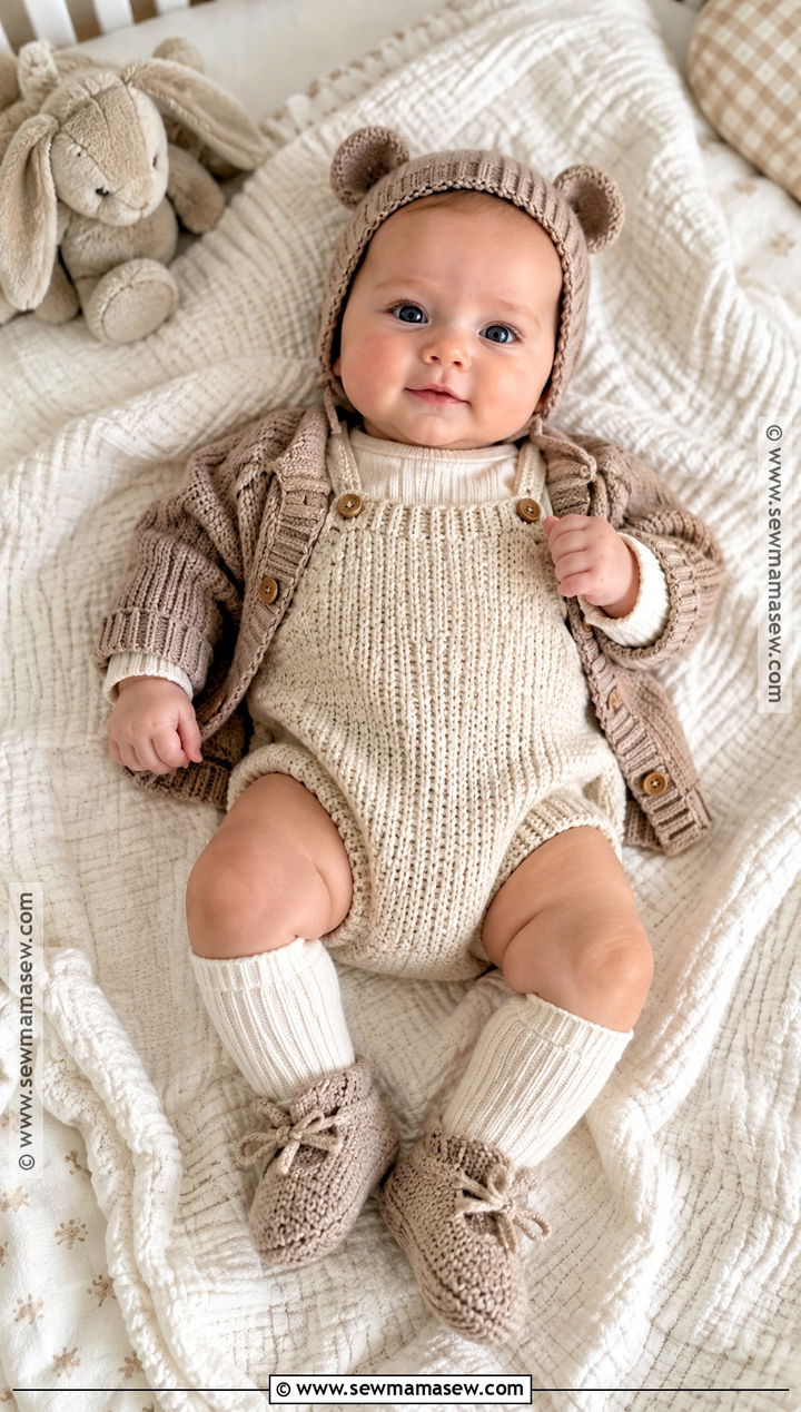 Neutral Knit Baby Romper With Knee Socks And Cardigan - 15 cozy fall baby outfit ideas