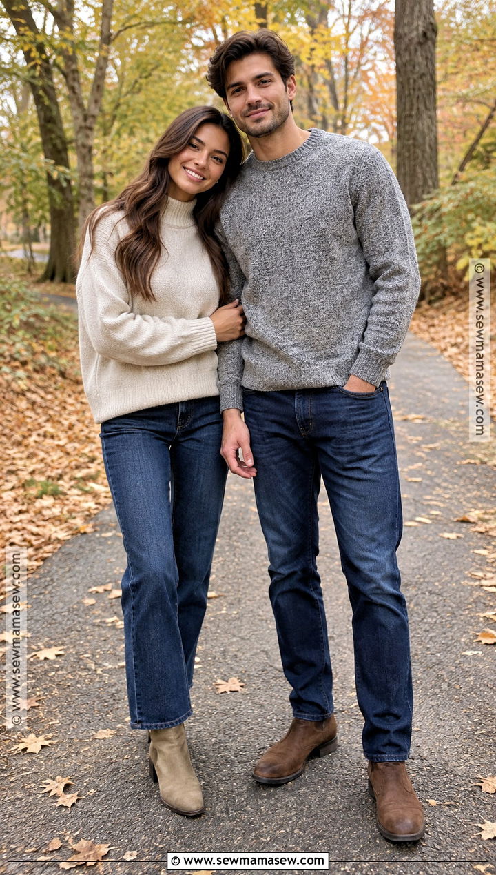 Neutral Knit Sweaters And Dark Denim Couple Outfit - 15 couple photoshoot fall outfit ideas