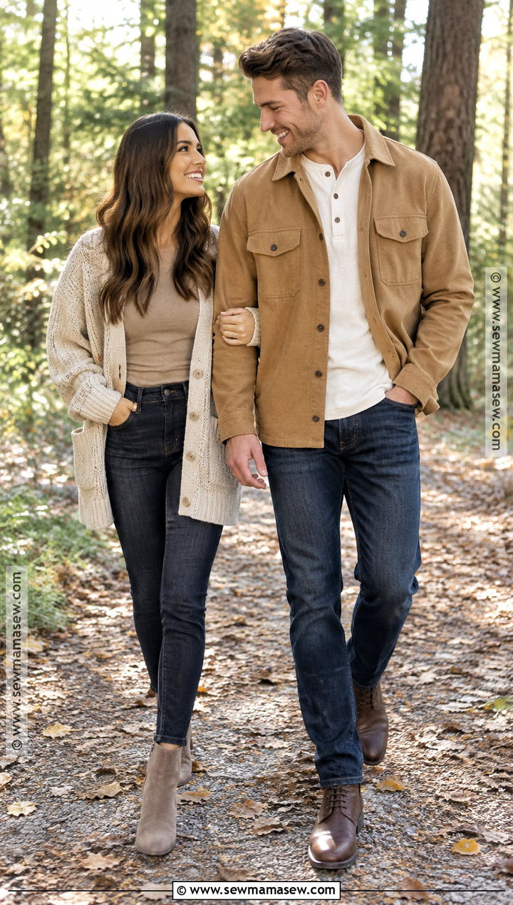 Neutral Layers And Dark Denim Couple Outfit - 20 fall couple photoshoot outfit ideas