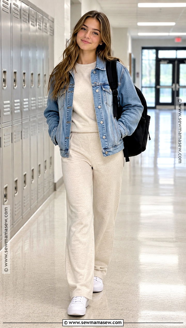 Neutral Matching Set And White Sneakers School Outfit - 20 back to school outfits clean for girls
