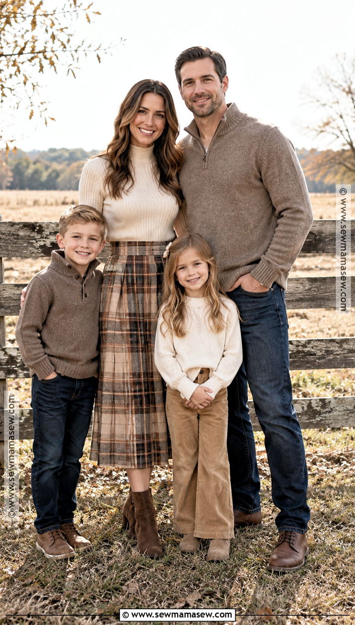 Neutral Plaid Skirt And Cream Sweater Family Picture Outfit - 15 Neutral Fall Outfits For Family Pictures