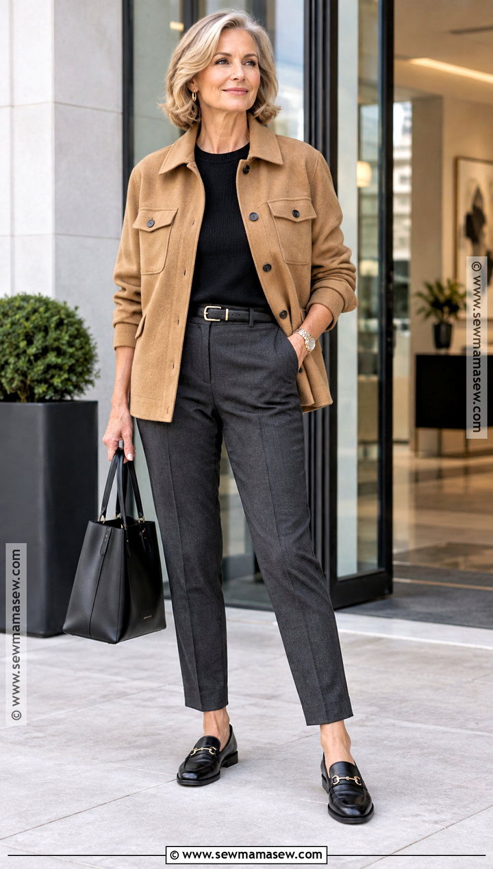 Neutral Shacket With Tailored Work Pants - 15 Fall Outfit Shacket Ideas