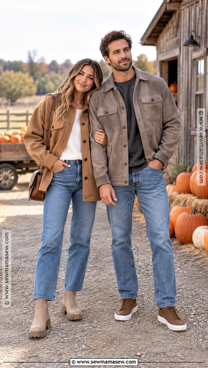 Neutral Shackets And Blue Jeans Pumpkin Patch Outfit - 20 matching pumpkin patch outfits for couples