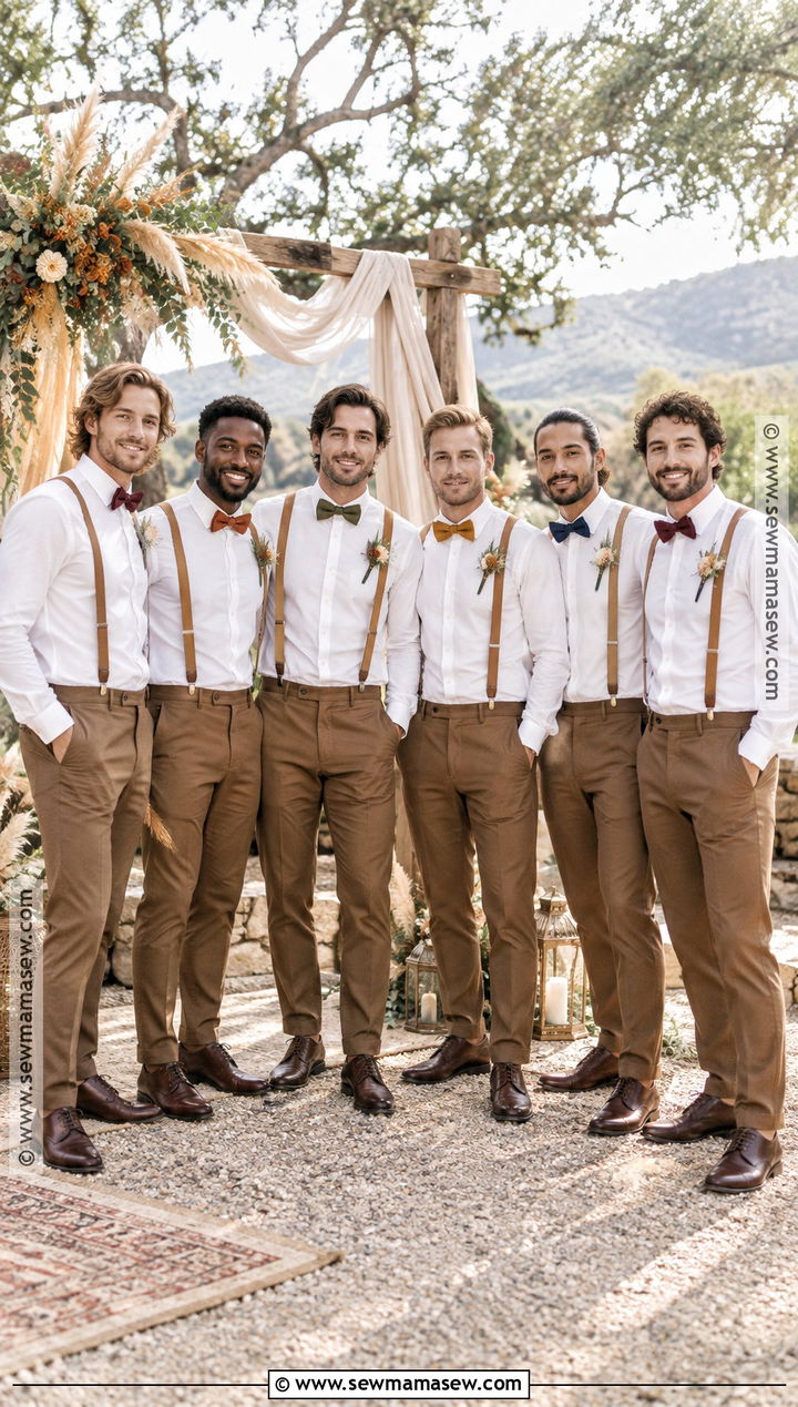 Neutral Suspenders With Mixed Fall Bow Ties - 15 fall wedding groomsmen attire suspenders ideas
