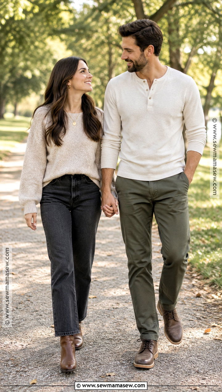 Neutral Sweater And Dark Jeans Engagement Photo Outfit - 15 engagement photo outfits september