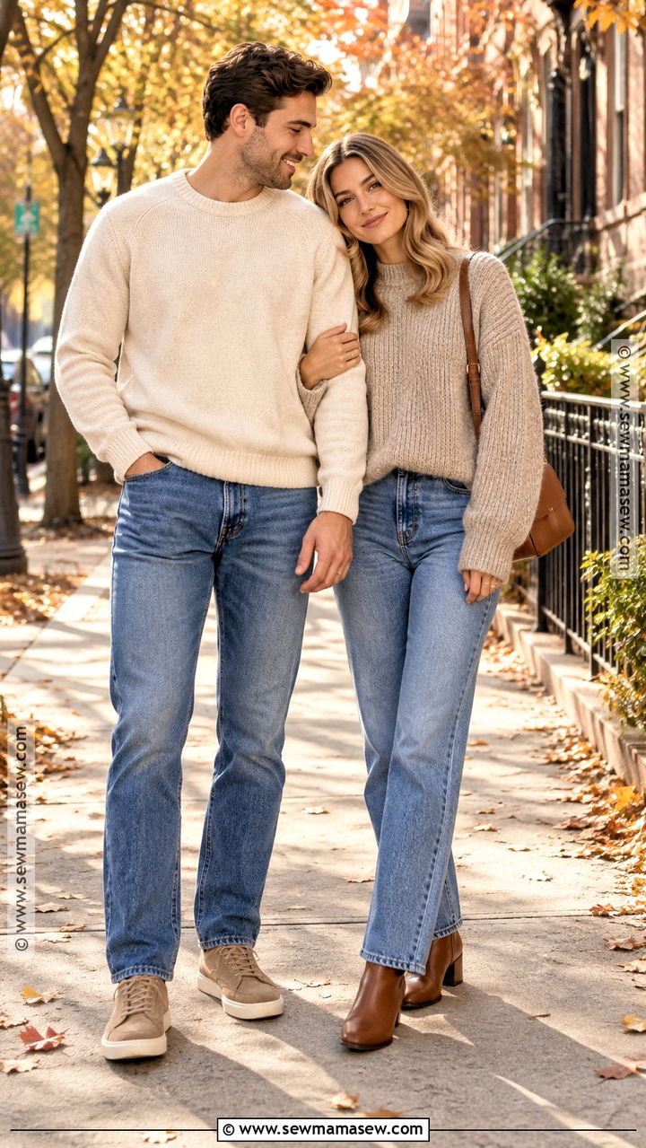 Neutral Sweater And Jeans Couple Outfit - 20 Fall Outfit Ideas for Couples