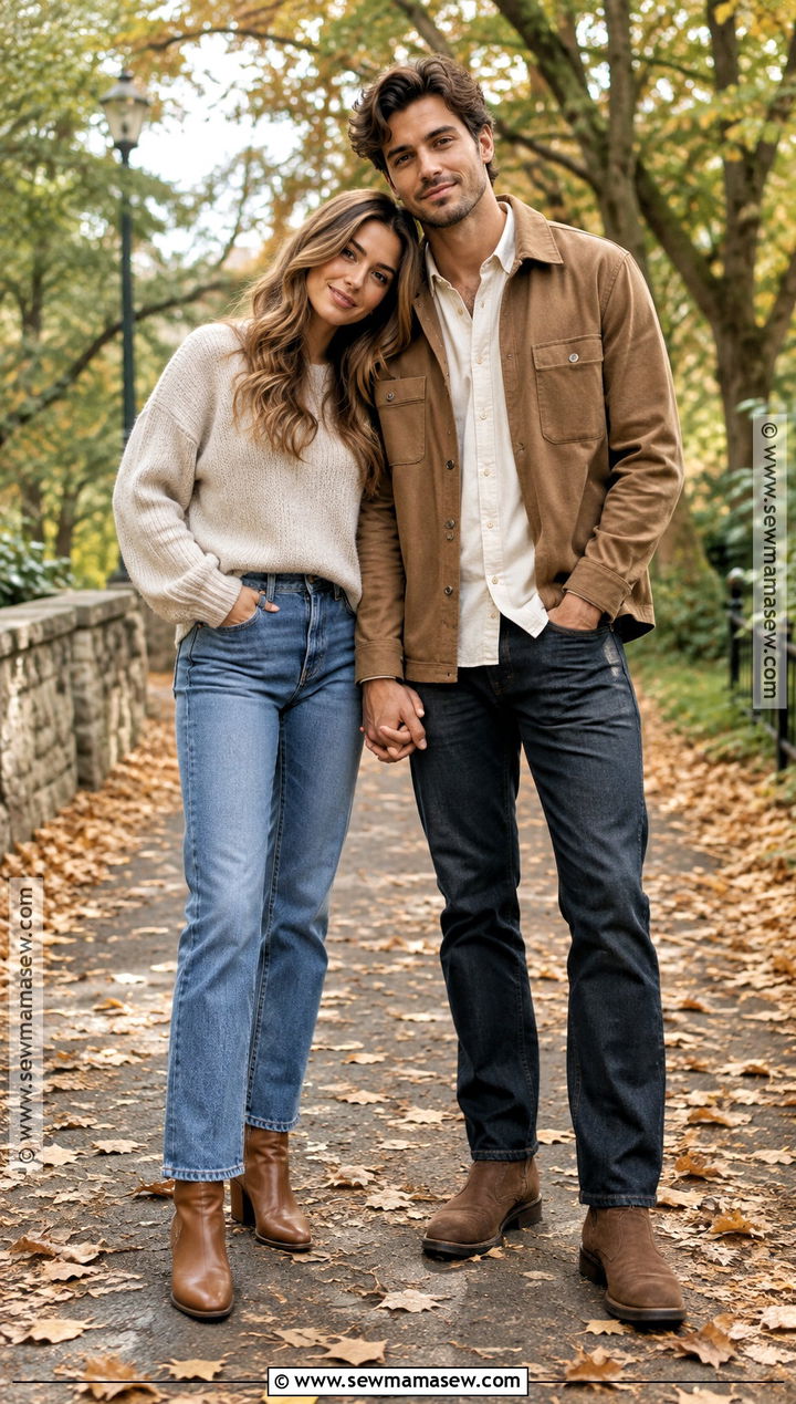 Neutral Sweater And Jeans September Couple Outfit - 15 september couple photoshoot outfits
