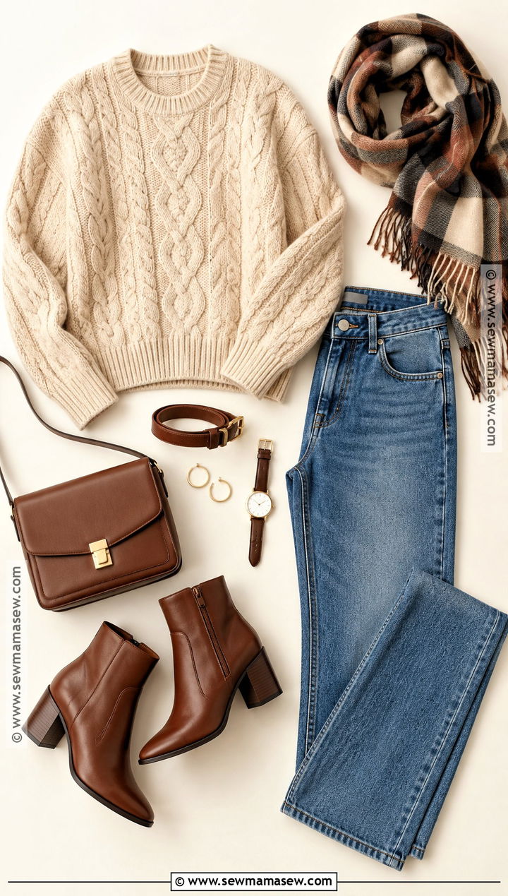 Neutral Sweater And Straight Leg Jeans Flat Lay - 15 autumn fashion flat lay ideas