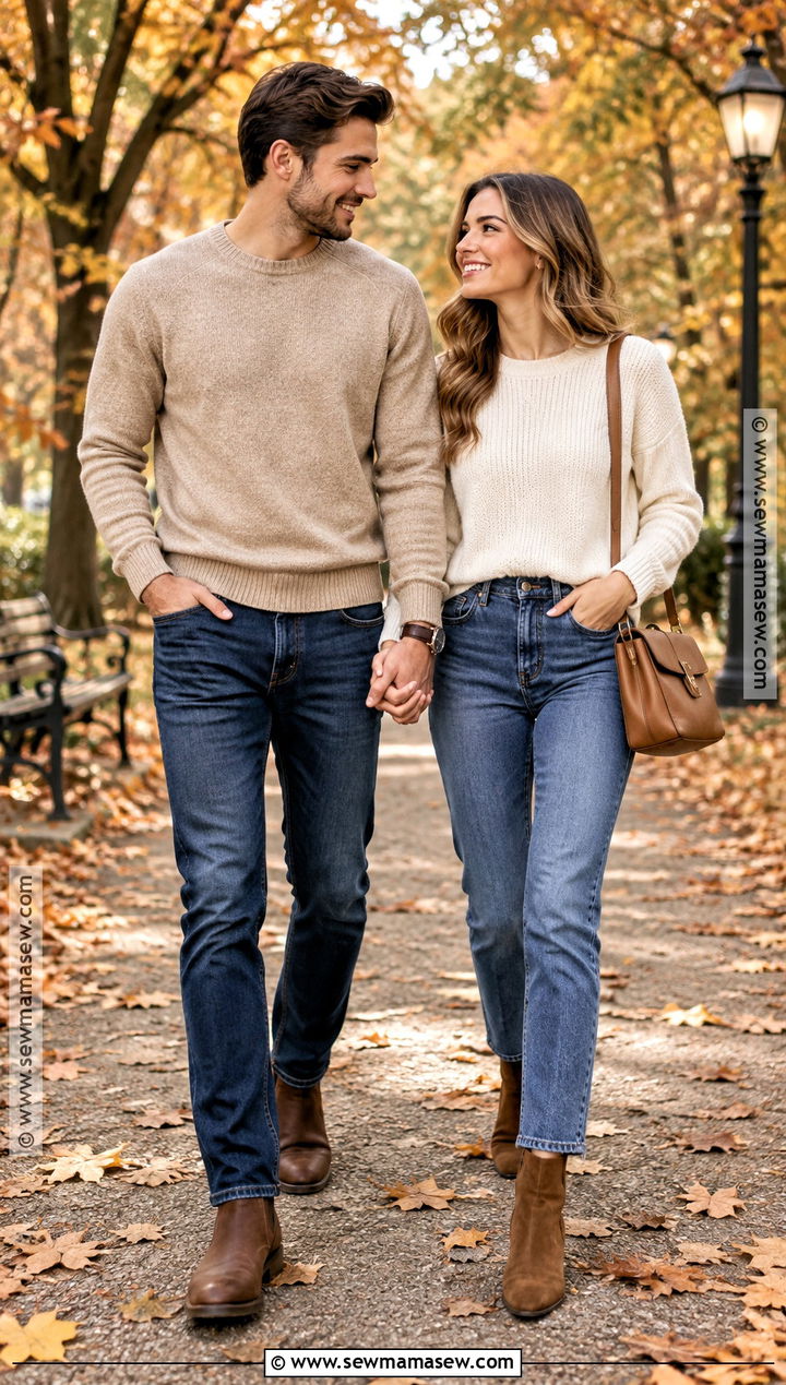 Neutral Sweater and Blue Jeans Couple Outfit - 25 matching fall outfits for couples