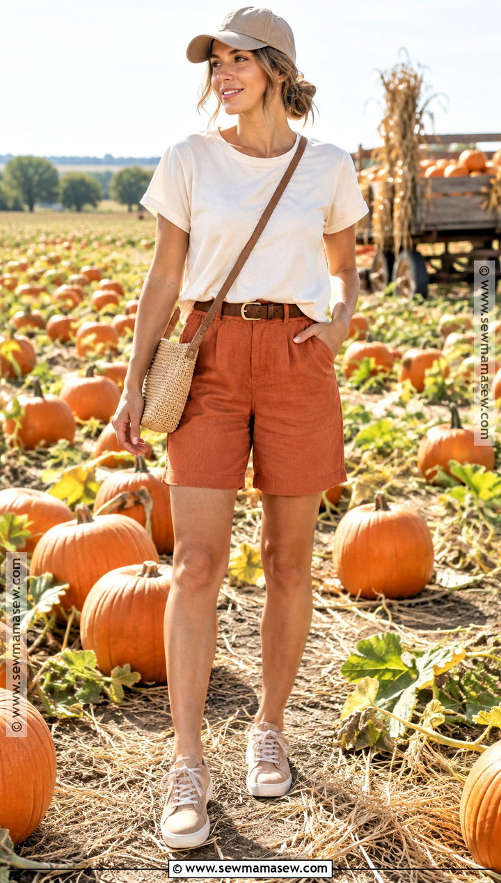 Neutral T Shirt And Orange Shorts Pumpkin Patch Outfit - 25 Pumpkin Patch Outfit Hot Weather Ideas