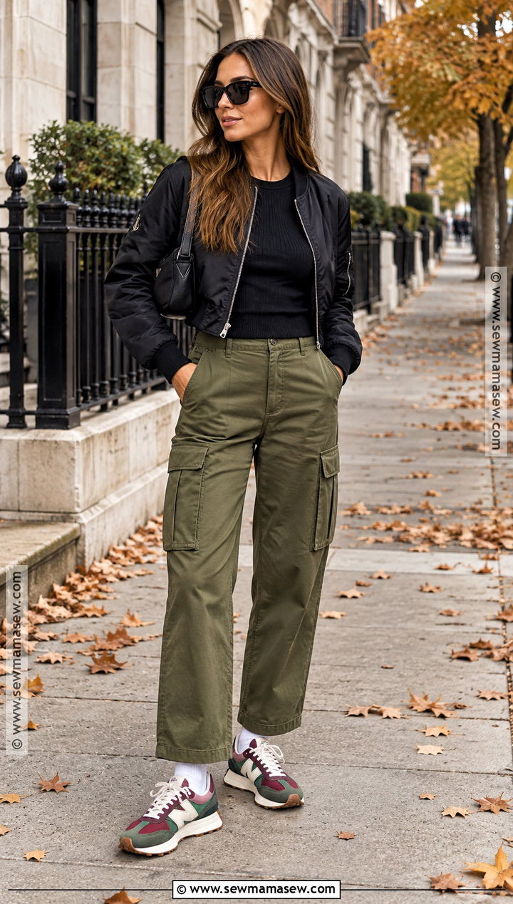 New Balance 327 With Cargo Pants And Bomber Jacket - 15 new balance 327 women outfit fall ideas