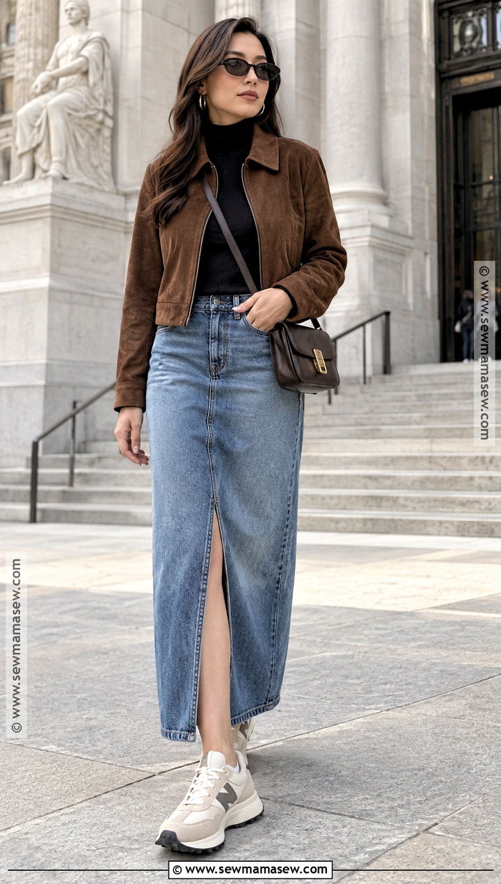 New Balance 327 With Denim Maxi Skirt And Turtleneck - 15 cute fall outfits with new balance