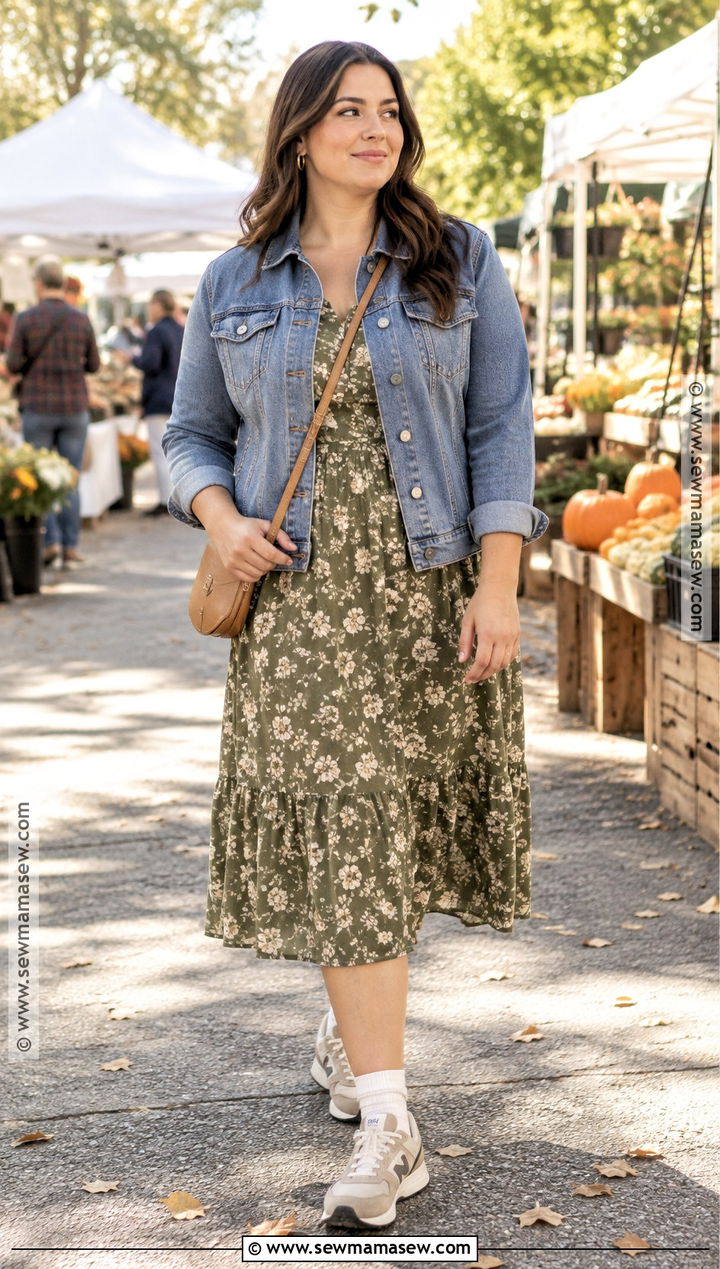 New Balance 327 With Midi Dress And Denim Jacket - 15 cute fall outfits with new balance