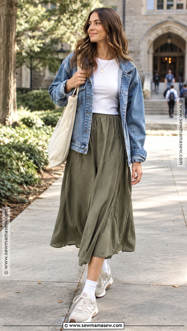 New Balance 327 With Midi Skirt And Denim Jacket - 15 New Balance Outfit Back To School Ideas