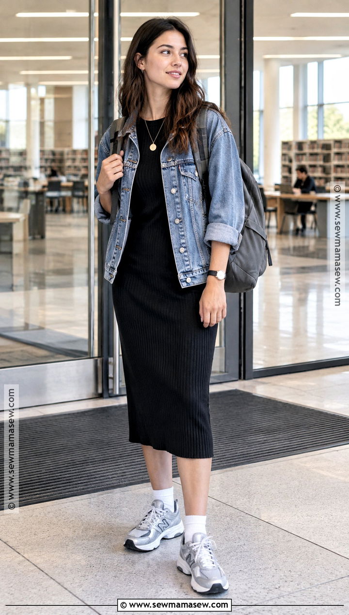 New Balance 530 With A Knit Dress And Denim Jacket - 15 Back To School Outfits With New Balance