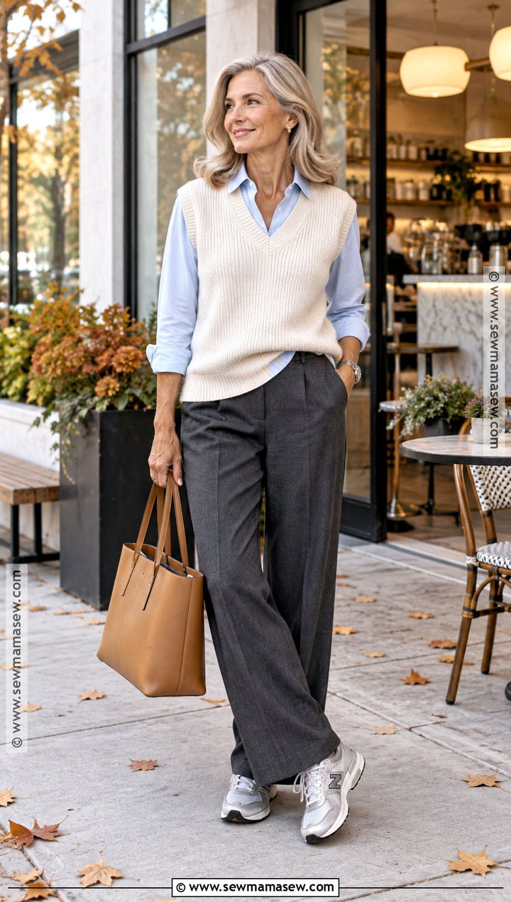 New Balance 530 With Knit Vest And Loose Trousers - 15 cute fall outfits with new balance