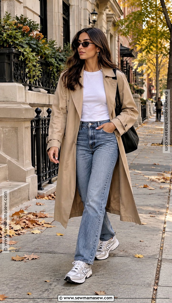 New Balance 530 With Trench Coat And Jeans - 15 cute fall outfits with new balance
