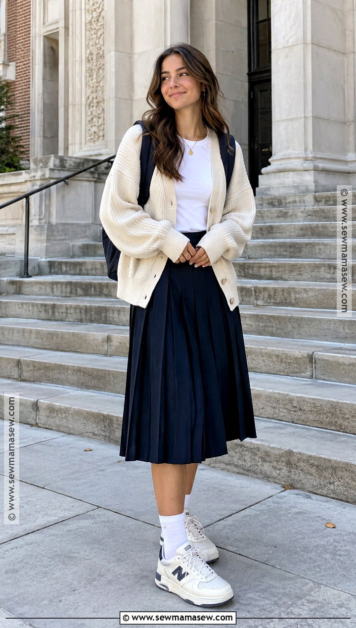 New Balance 550 With A Pleated Skirt And Cardigan - 15 Back To School Outfits With New Balance
