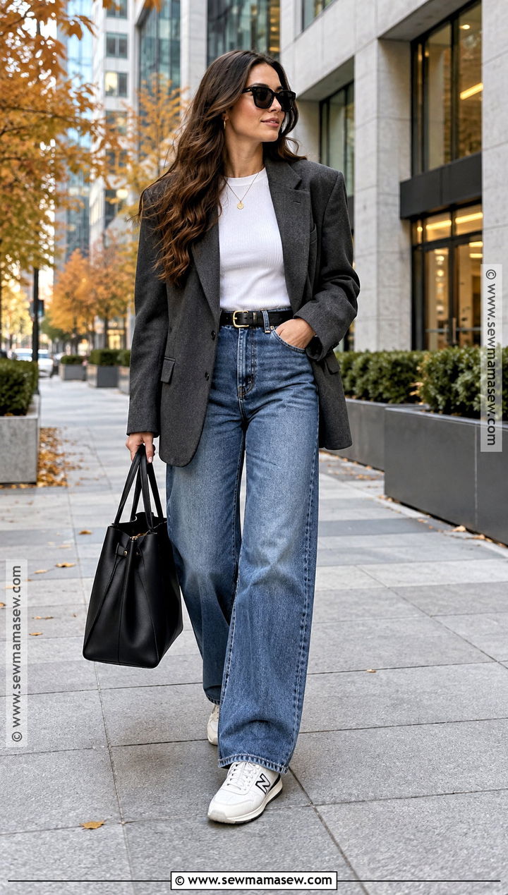 New Balance 550 With Blazer And Wide Leg Jeans - 15 cute fall outfits with new balance