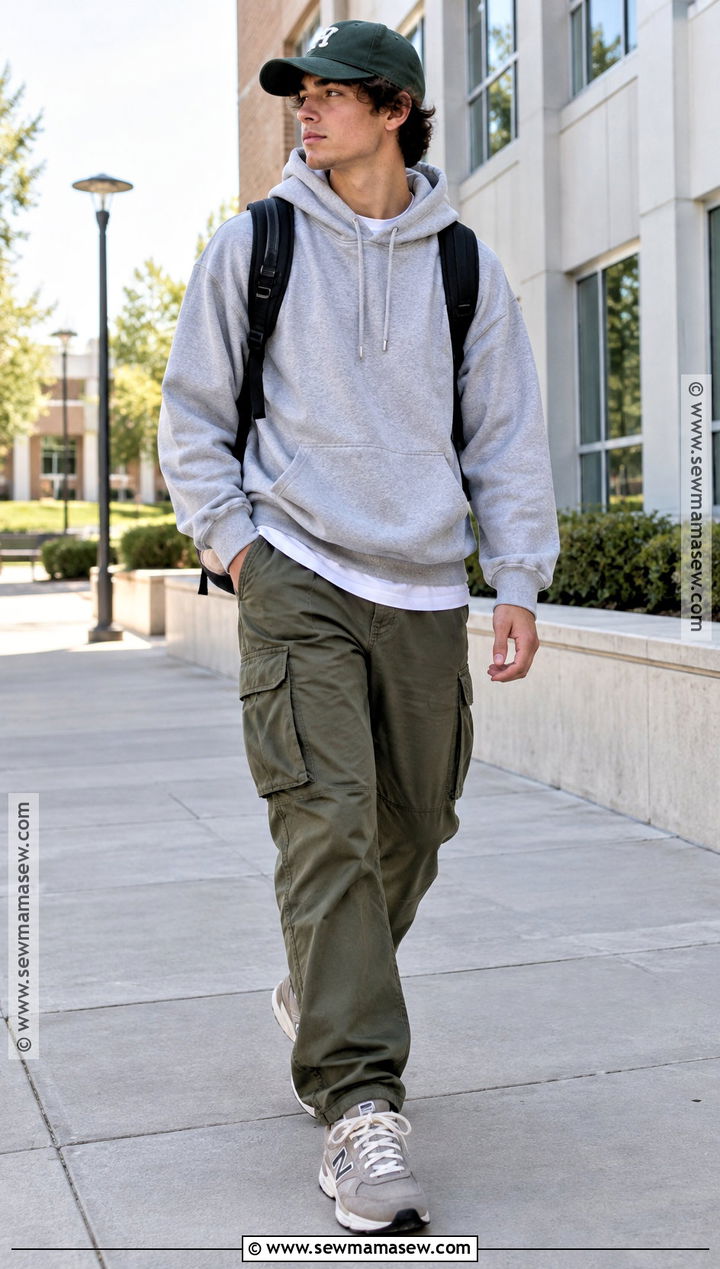 New Balance 574 With Cargo Pants And Hoodie - 15 New Balance Outfit Back To School Ideas