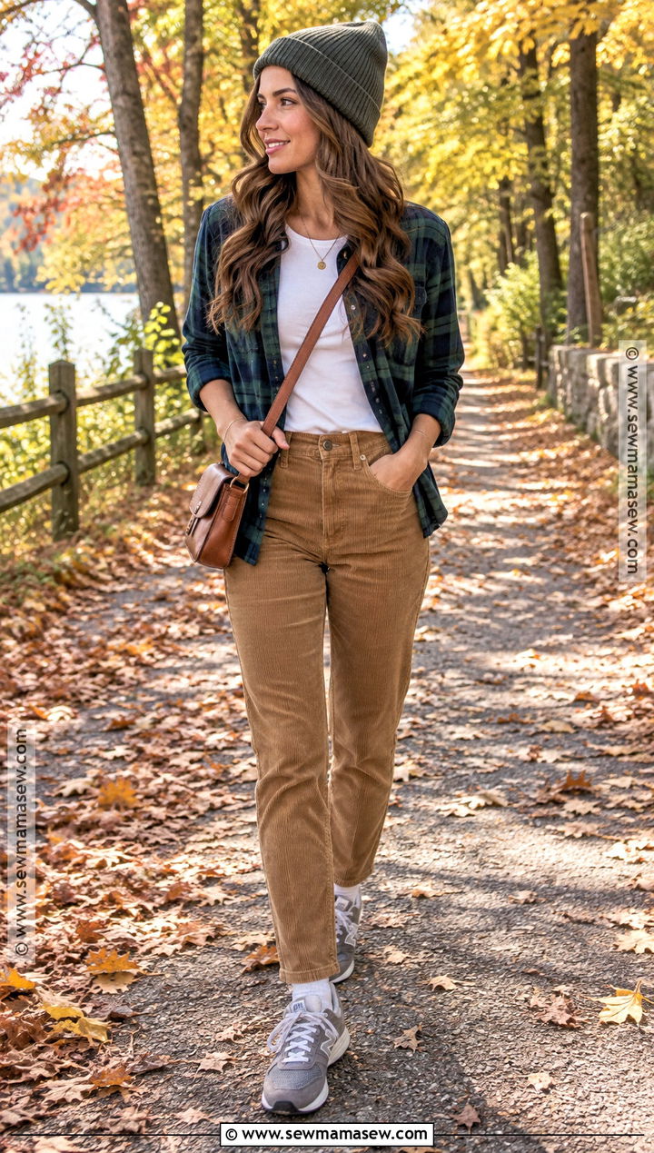 New Balance 574 With Corduroy Pants And Flannel Shirt - 15 cute fall outfits with new balance