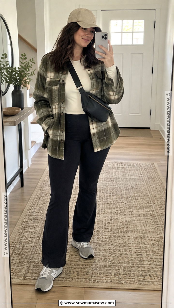 New Balance 574 With Shacket And Bootcut Leggings - 15 cute fall outfits with new balance