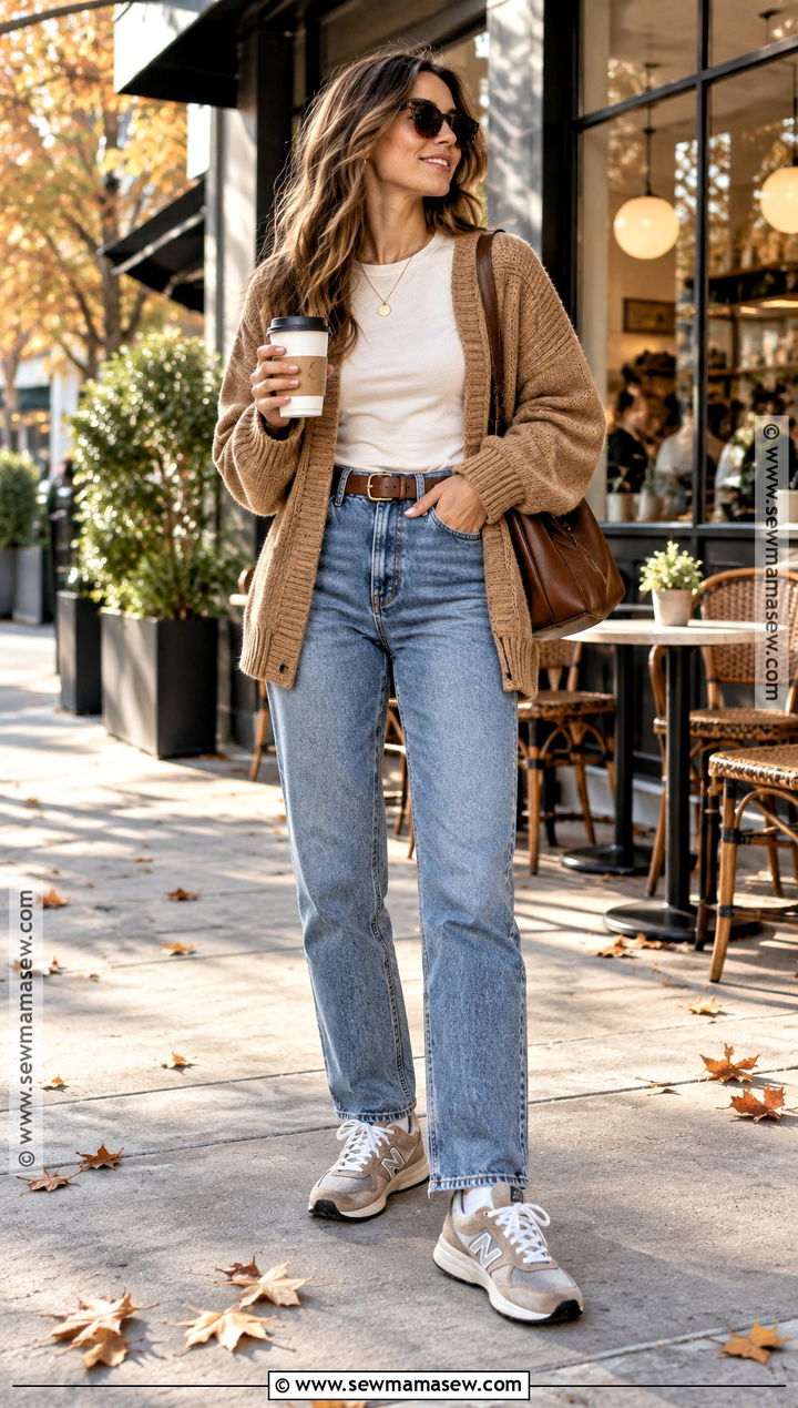 New Balance 574 With Straight Leg Jeans And Cardigan - 20 new balance autumn outfit ideas