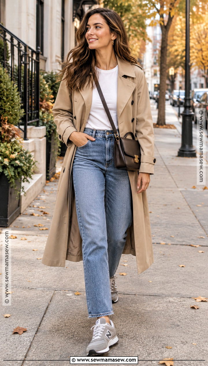 New Balance 574 With Straight Leg Jeans And Trench Coat - 15 new balance 574 outfit women fall ideas